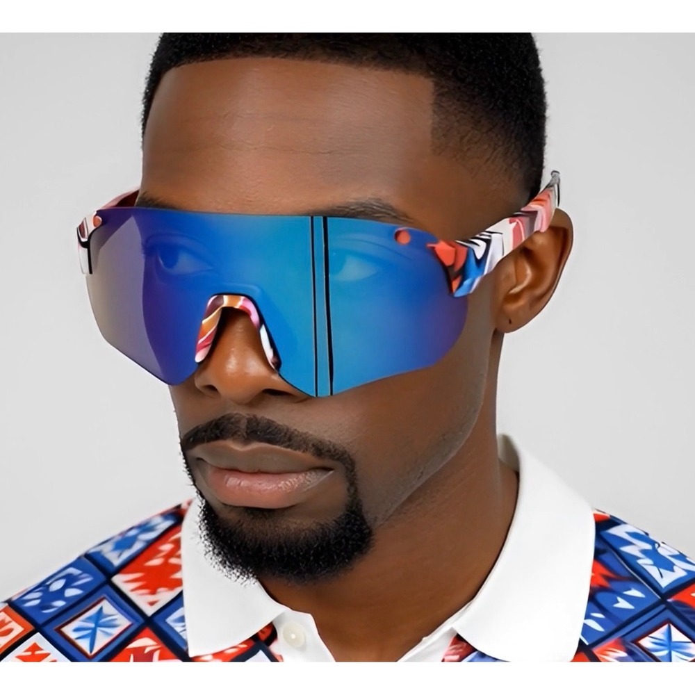 Multicolor Graffiti Shield Sport Sunglasses Blue Mirrored Lens Mens Cycling Gear